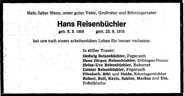 Reisenbuechler Hans 1908-1978 Todesanzeige